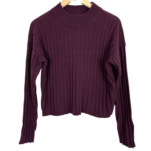 Madewell Wool Cropped Sweater Sz Small Mock Neck Long Sleeve Ribbed Maroon - Picture 1 of 7